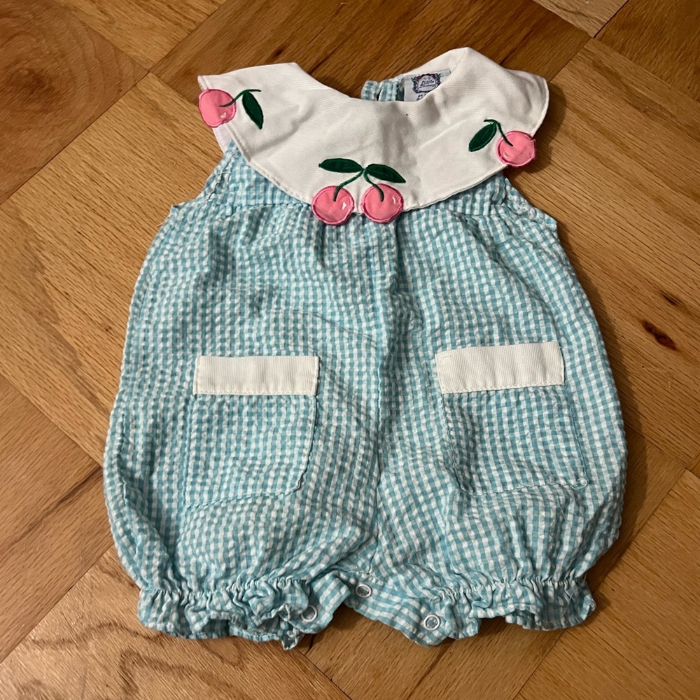 Vintage Blue Gingham Cherry Collar Baby Bubble Romper
